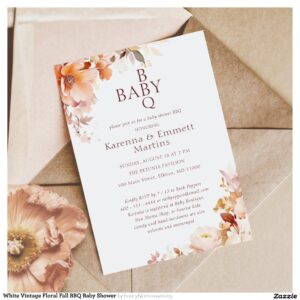 White Vintage Floral Fall BBQ Baby Shower Invitation