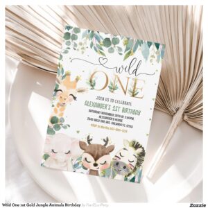 Wild One 1st Gold Jungle Animals Birthday Invitation