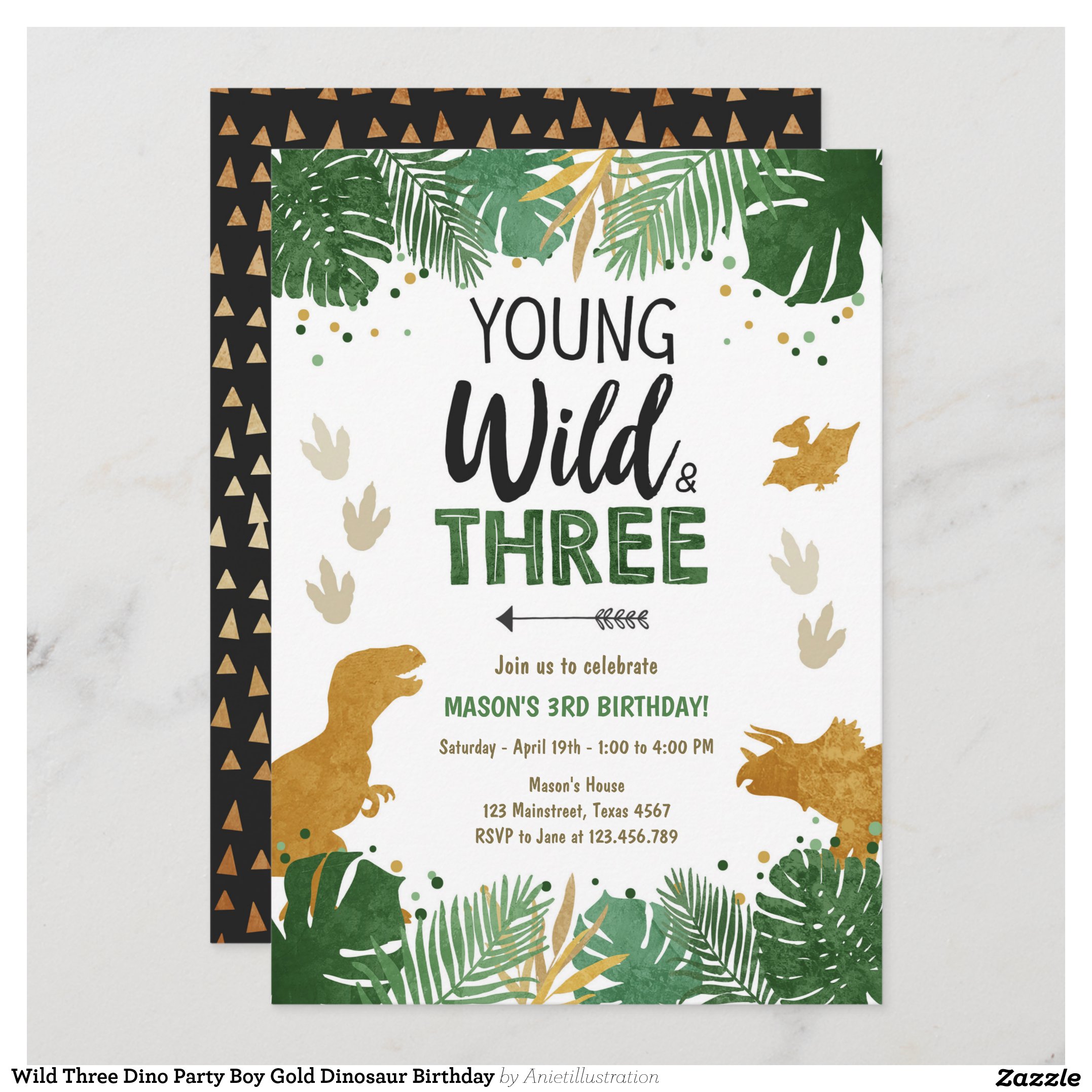 Wild Three Dino Party Boy Gold Dinosaur Birthday Invitation