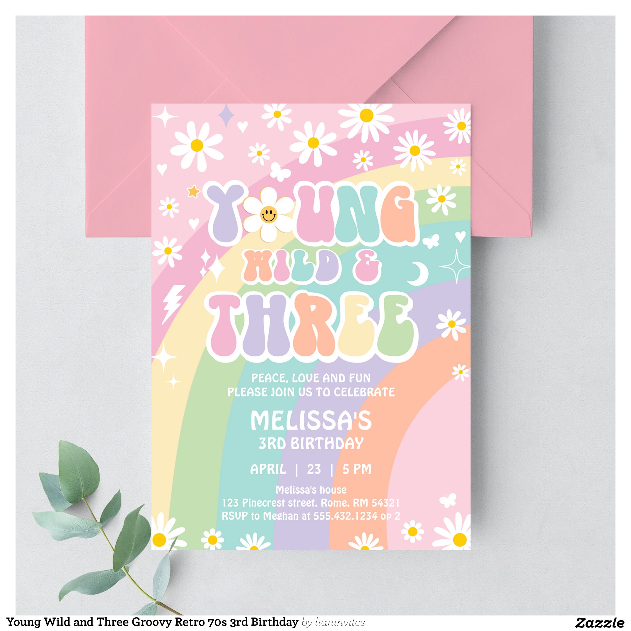 Young Wild and Three Groovy Retro 70s 3rd Birthday Invitation
