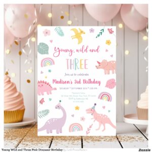 Young Wild and Three Pink Dinosaur Birthday Invitation