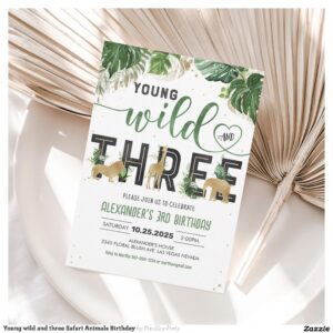 Young wild and three Safari Animals Birthday Invitation