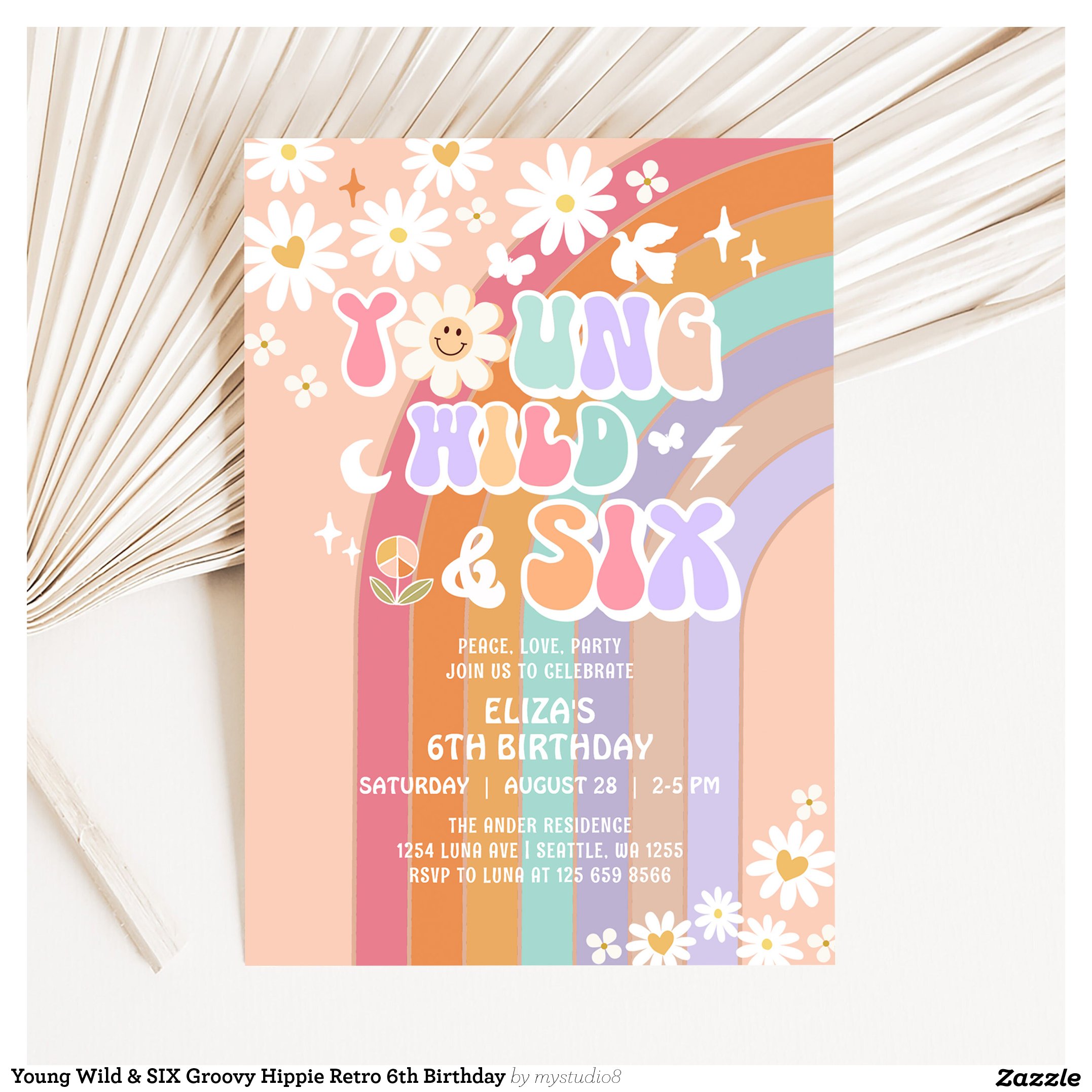 Young Wild & SIX Groovy Hippie Retro 6th Birthday Invitation