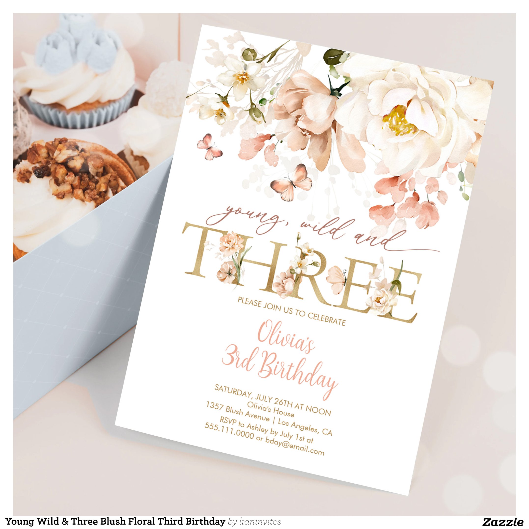 Young Wild & Three Blush Floral Third Birthday Invitation