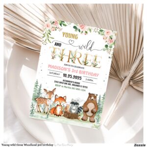 Young wild three Woodland 3rd birthday Invitation